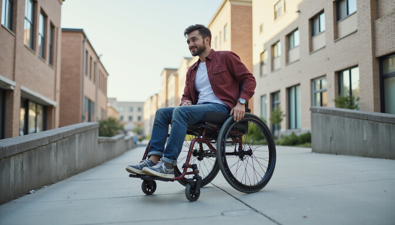  Active young man testing lightweight wheelchair outdoors on urban ramp, smiling, motion, durable wheels