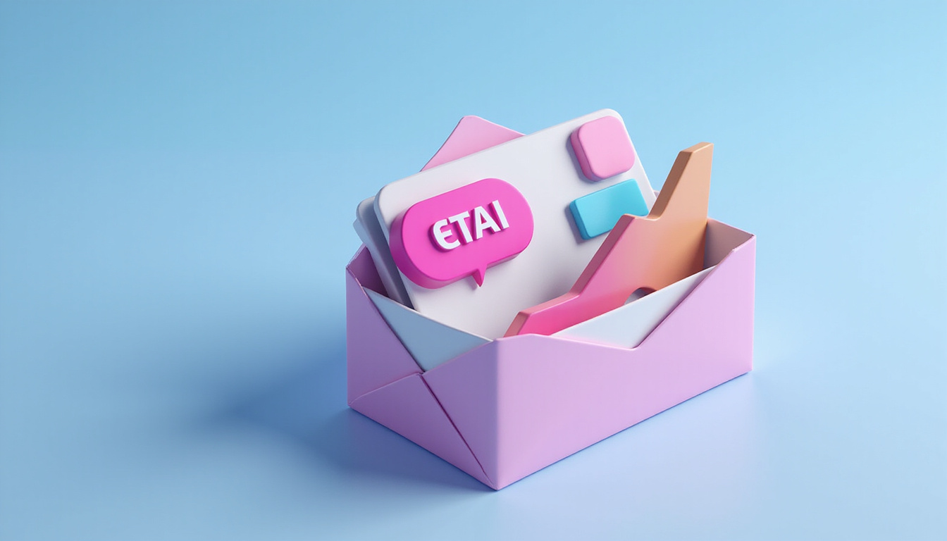 Isometric email envelope opening into vibrant CTA button, conversion graph rising, sleek UI