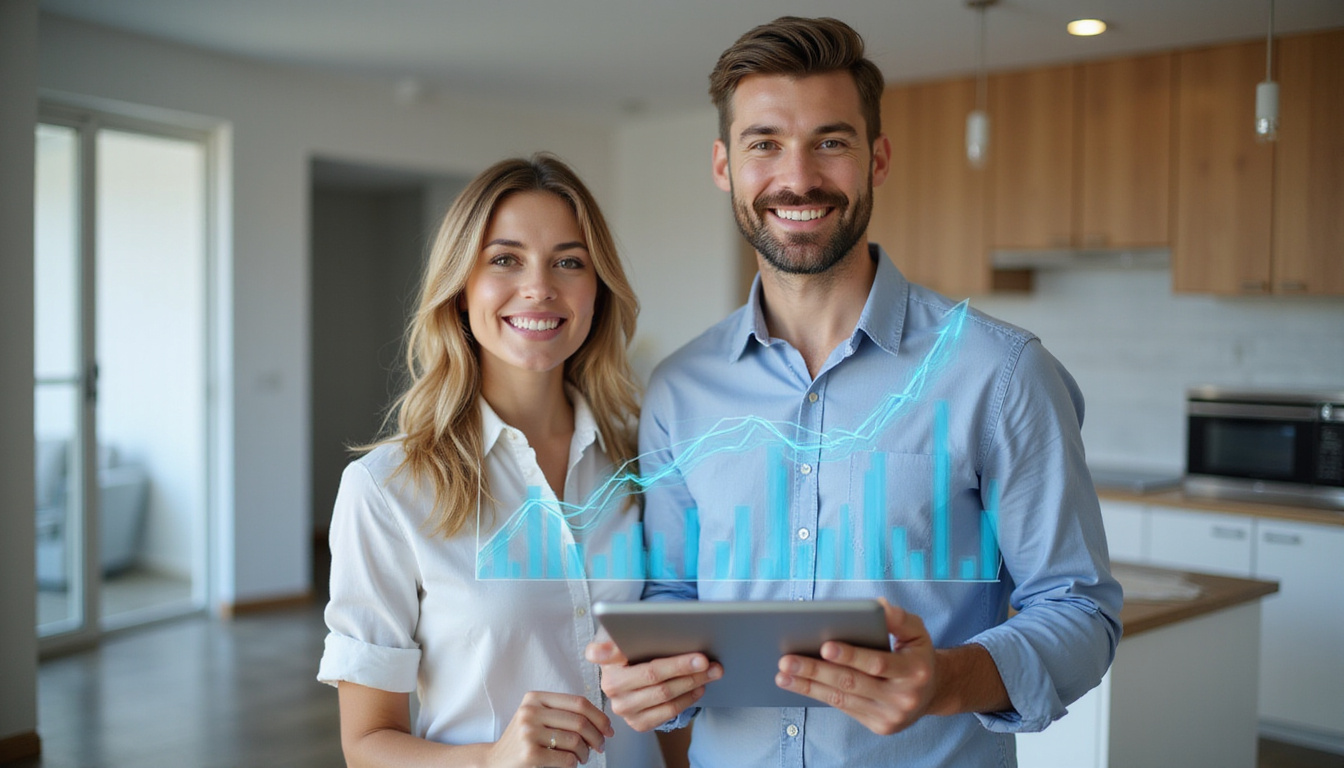  Realtor holding tablet showing virtual staging options, smiling couple, rising profit graph overlay, contemporary kitchen