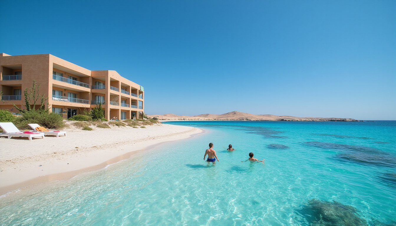  Affordable boutique hotel by coral reef, white sand, families snorkeling, vibrant Egyptian coastline