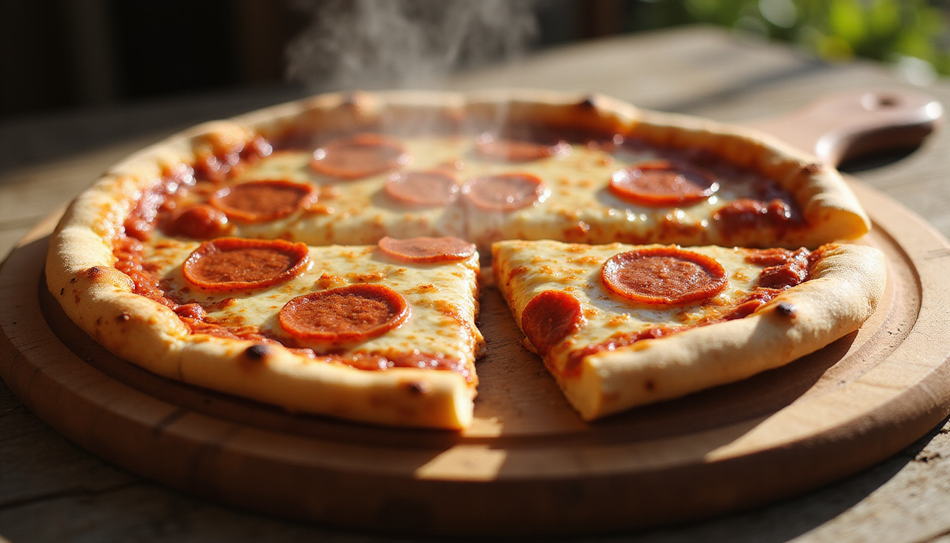 Guilt-free low-carb pepperoni pizza slice, steam rising, rustic wooden board, warm sunlight