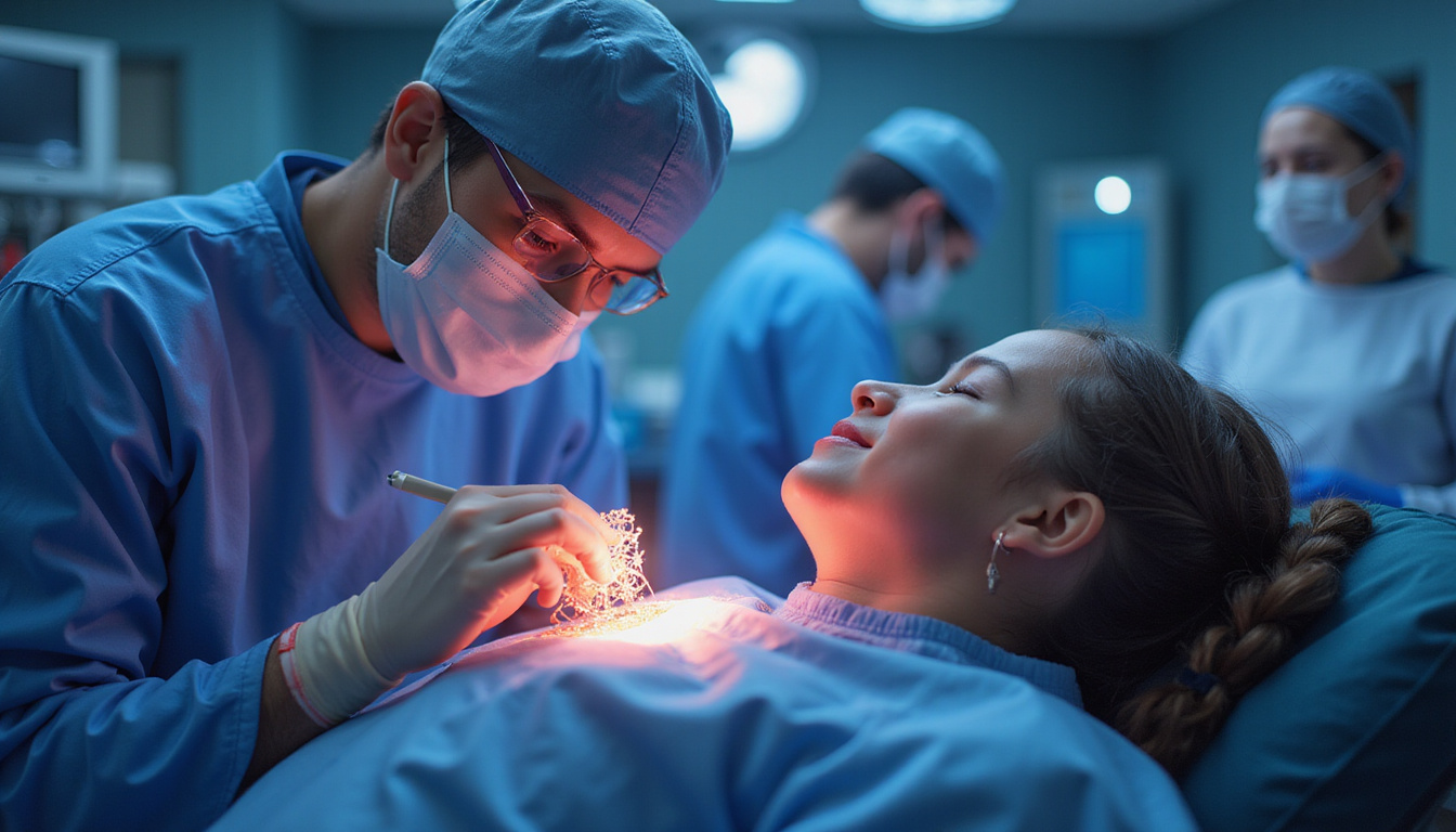 Futuristic clinic scene: surgeon microsurgery releasing nerve adhesions, glowing regenerative scaffold, hopeful patient