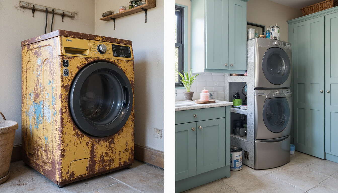 Before-and-after split image: rusted washer transformed into sleek energy-efficient unit, increased home value