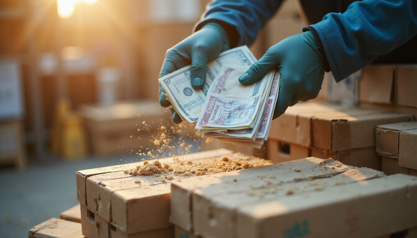  High-contrast close-up: gloved hands tallying cash and invoices over organized crates, sunlight dust motes