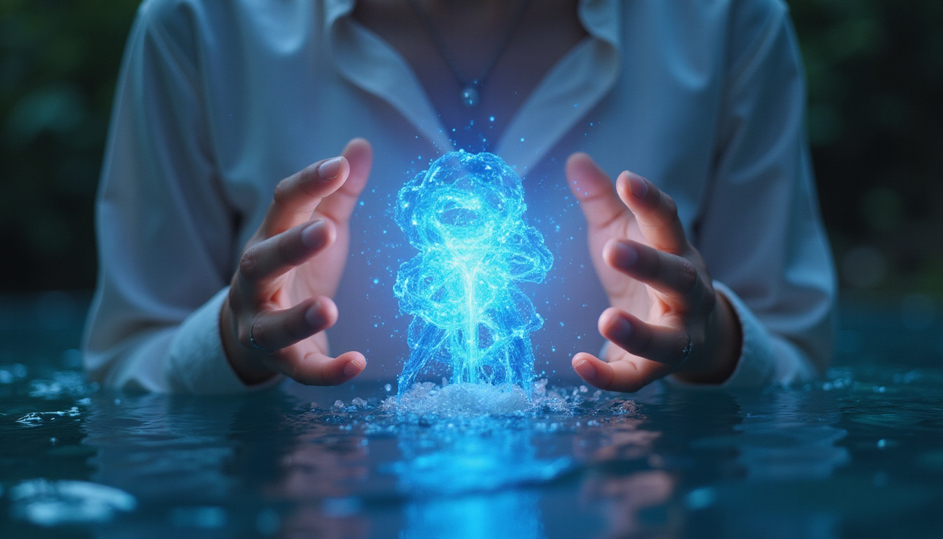  Ethereal healer placing glowing hands over chest, blue energy dissolving knots into flowing water