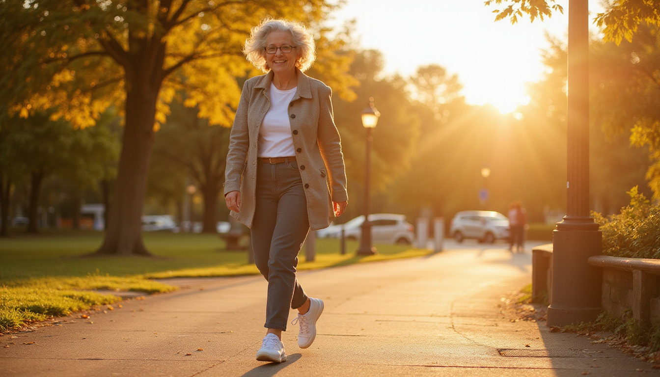  Older woman smiling, walking confidently in sleek joint-friendly sneakers, city park golden hour