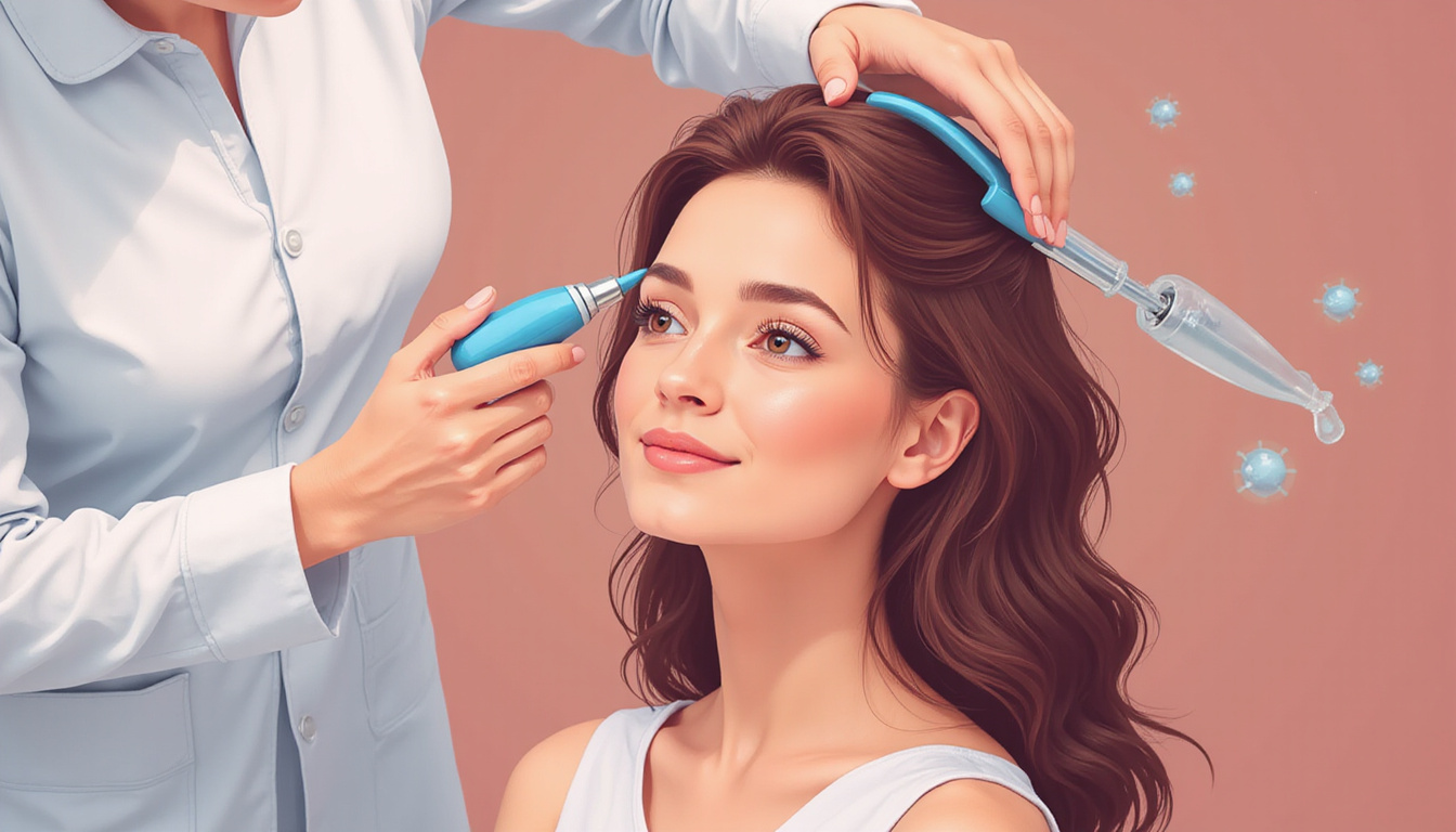  expert dermatologist examining scalp with futuristic tools, serums, gentle stimulation, hopeful patient, warm tones