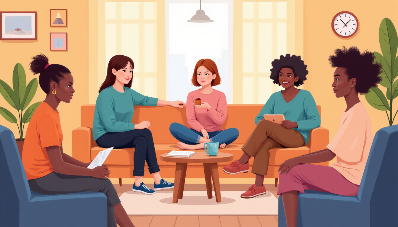  Supportive diverse group sharing coping tips, self-care rituals, warm cozy living room scene