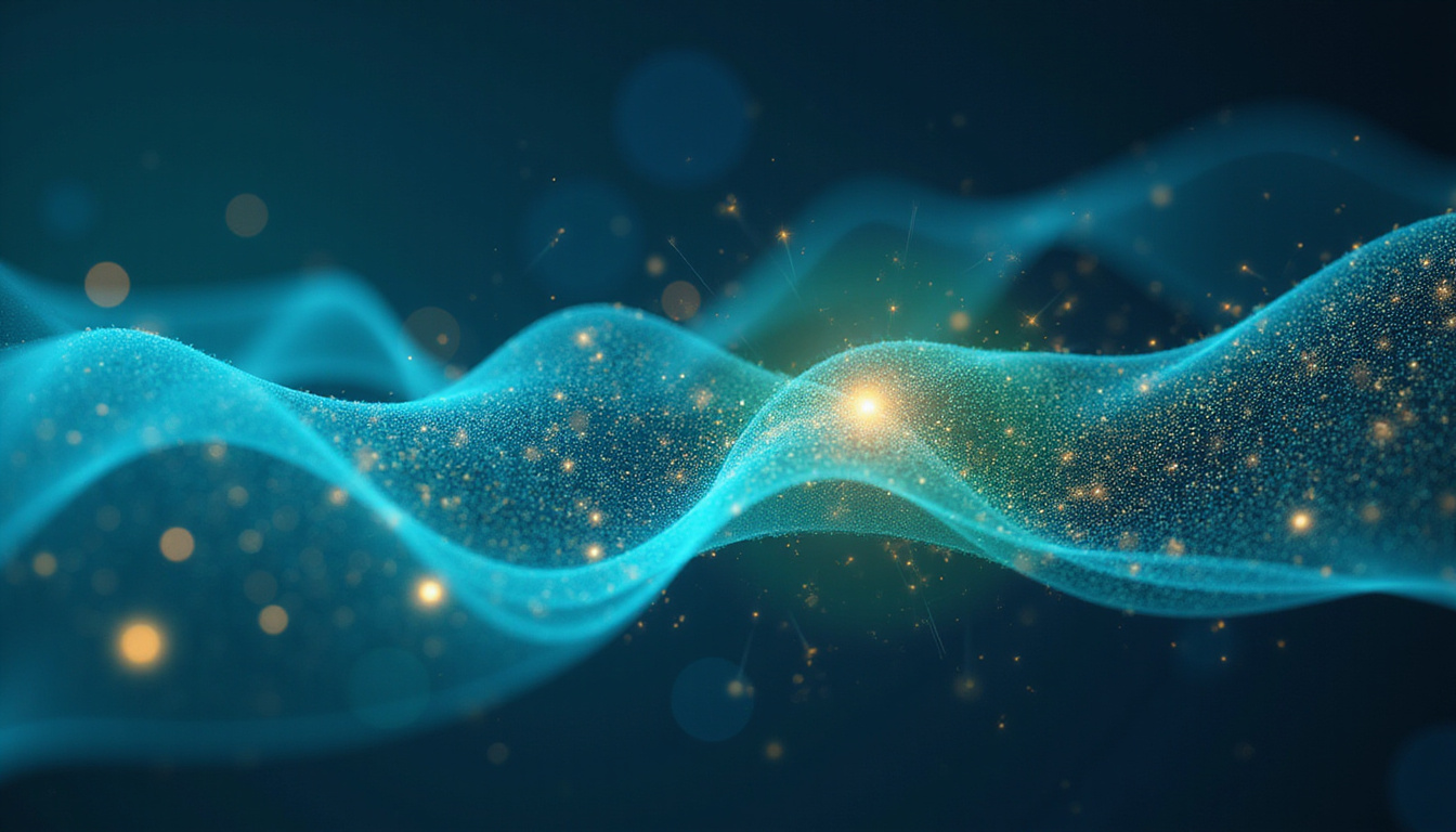  Abstract visualization of pain relief: blue-to-green energy waves, neural connections repairing, stopwatch indicating accelerated recovery