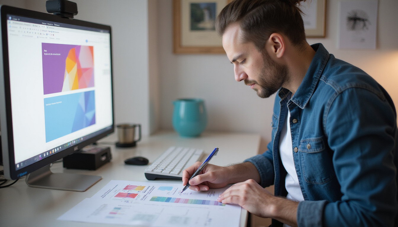  Designer calmly checking checklist beside calibrated monitor and neatly printed proofs, perfect color accuracy