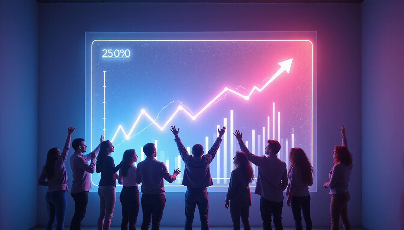  Team celebrating around large transparent screen, charts rising, conversion rate highlighted, dynamic light beams