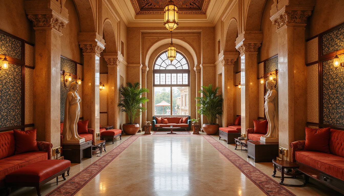  Opulent hotel lobby with marble columns, pharaonic statues, mashrabiya screens, velvet sofas, warm lantern glow