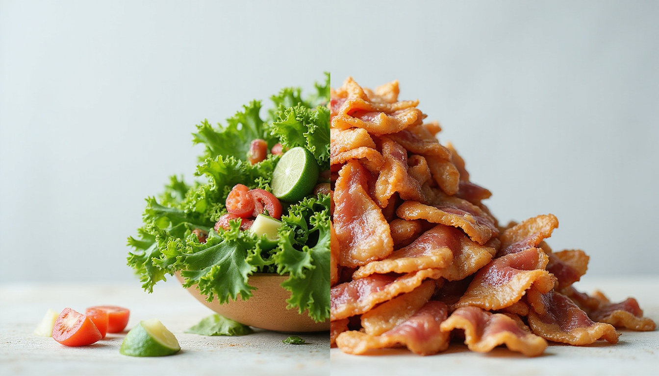  Split image: shrinking salad on one side, mountain of bacon and packaged snacks on other