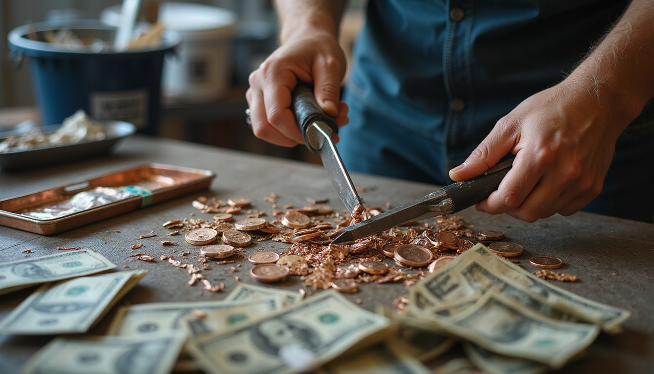 Close-up hands using tools stripping copper from appliances, piles of cash and recycling bins