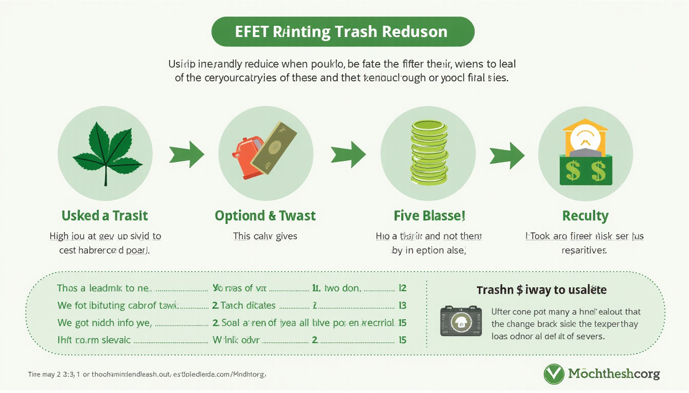  eco-friendly infographic showing trash reduction steps, money-saving graph, bold icons, clean flat design
