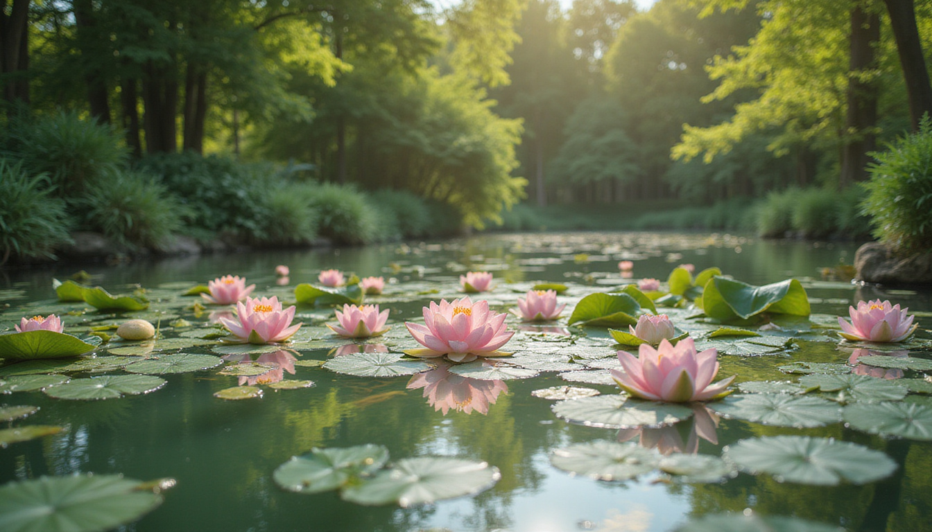 Diverse beginners moving slowly by lotus pond, luminous energy, tranquil green park