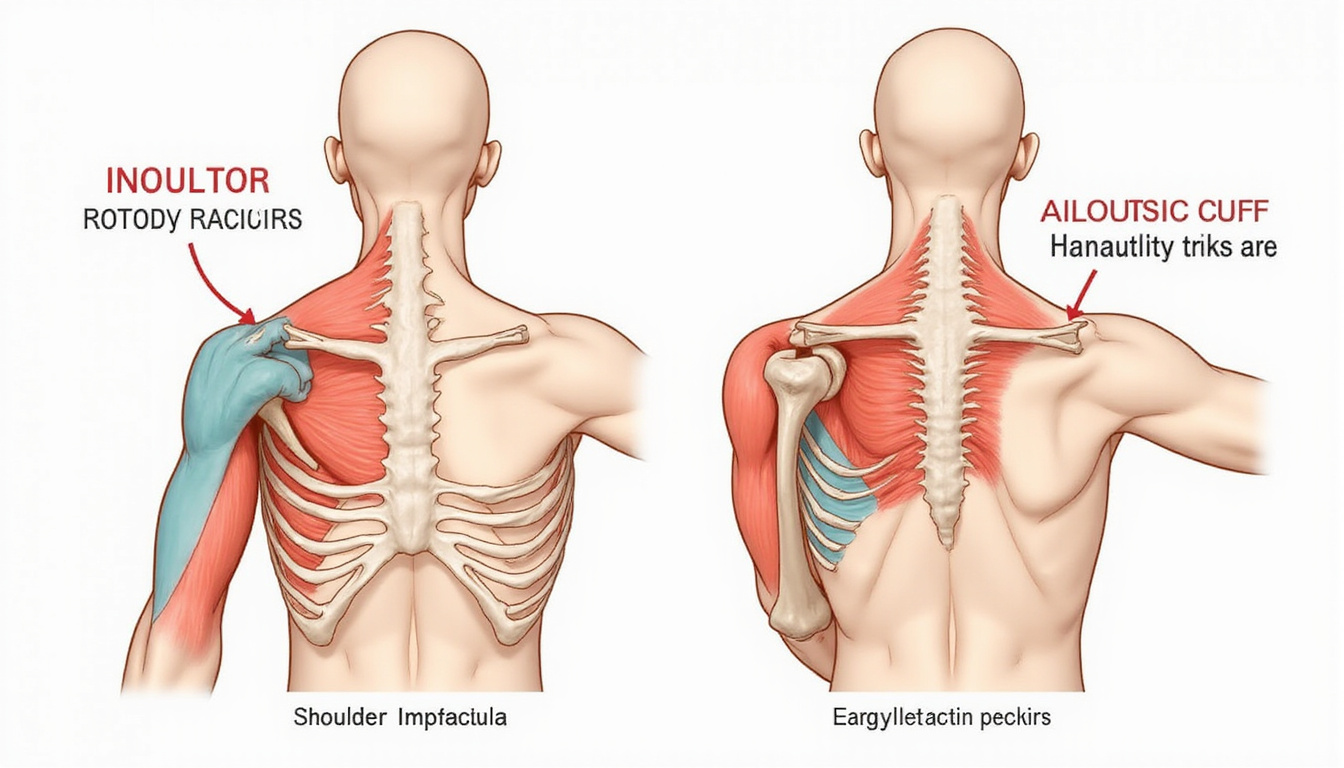  Cutaway medical illustration showing shoulder impingement and rotator cuff strengthening exercises, arrows, labels