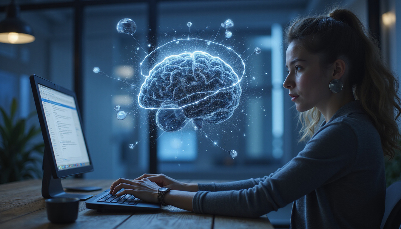  Focused person at desk, brain illustrated as silver circuitry, zinc molecule hovering, sharp clarity