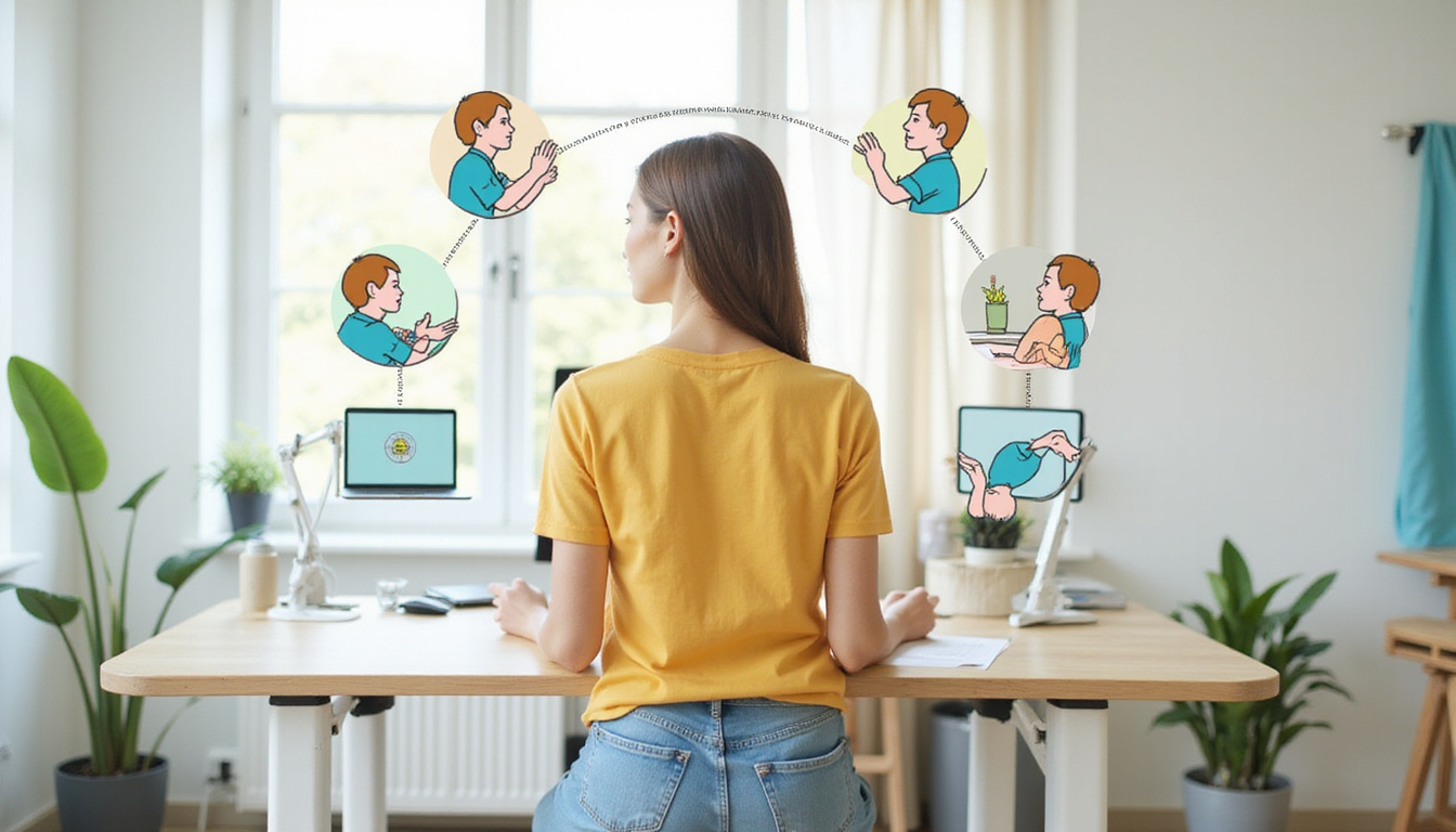  Young woman practicing ergonomic desk setup, animated posture corrections, icons, soft natural light