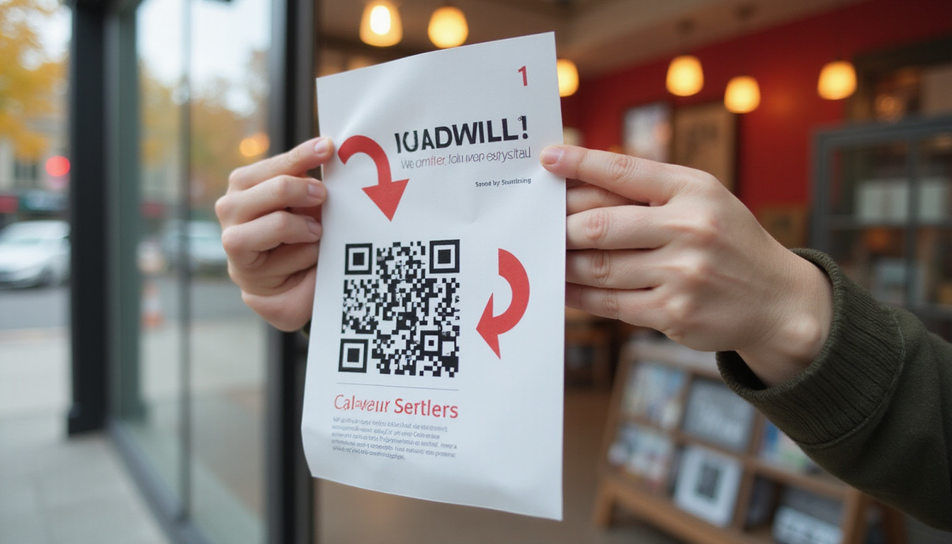  Close-up of eye-catching handbill with QR code, arrows, conversion icons, storefront blurred background