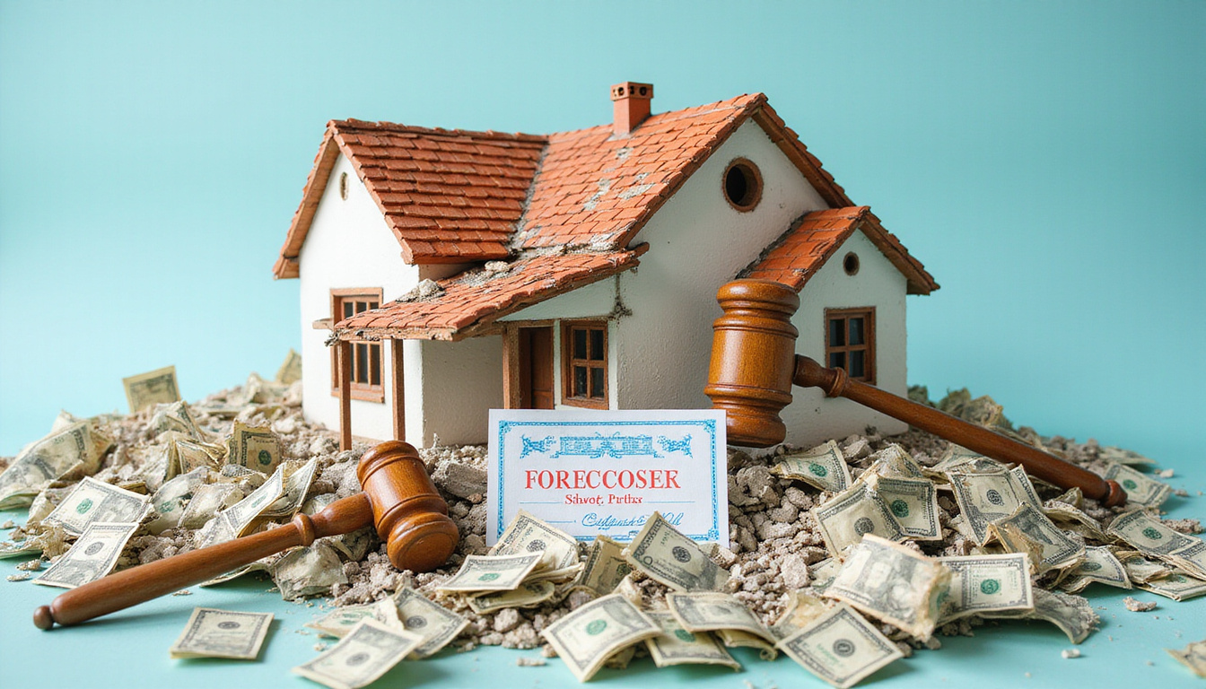  Crumbling house with foreclosure sign, gavel and blueprint overlays, money falling away