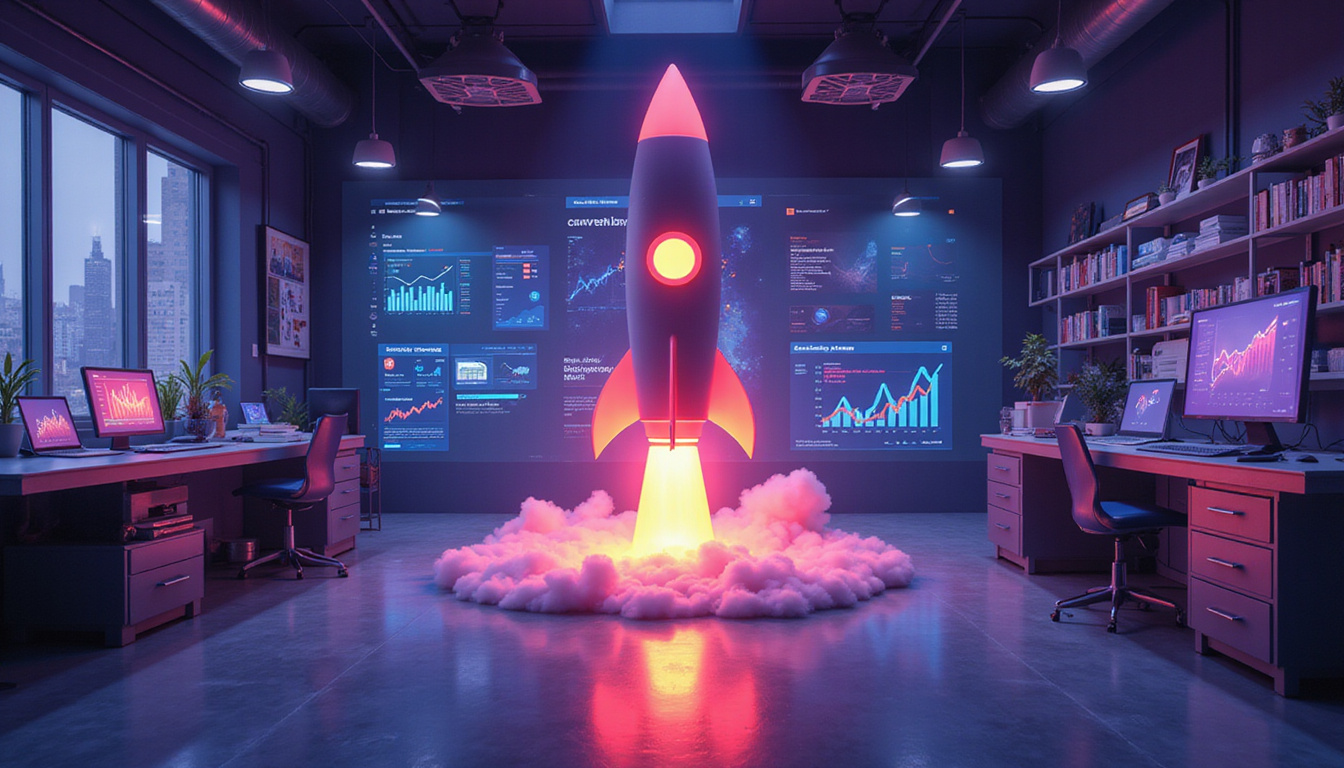Creative lab filled with glowing ad prototypes, conversion funnels, rockets and rising graphs
