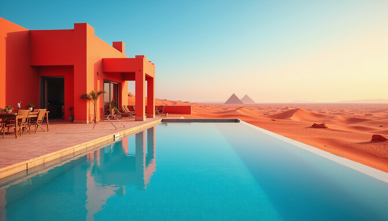 Red Sea luxury resort villa, infinity pool, butler service, desert dunes and pyramid silhouettes