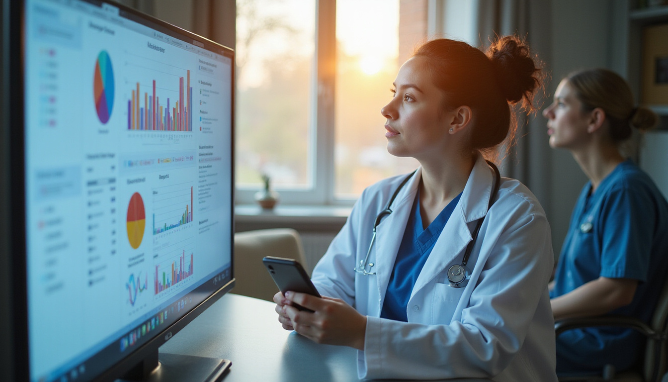  Clinician reviewing colorful real-world evidence dashboard, warm light, compassionate care environment