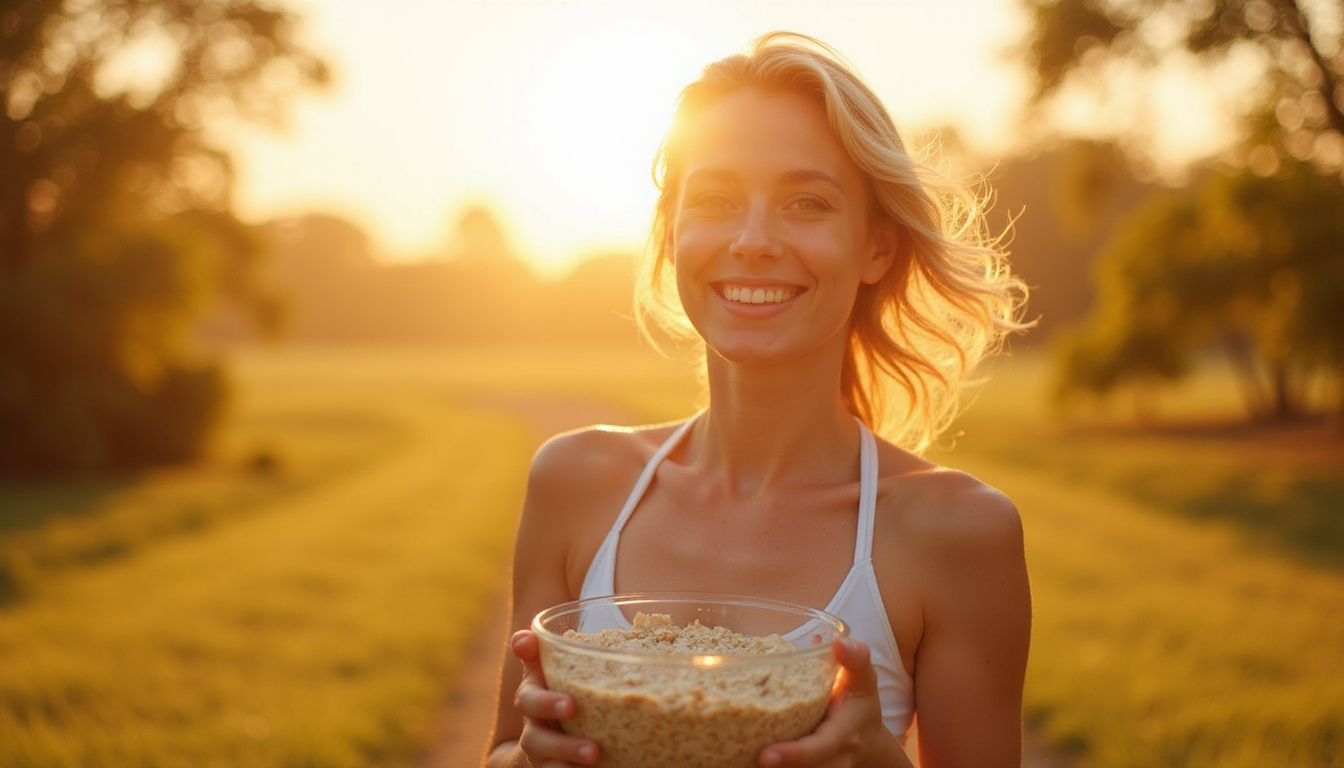  Fit smiling woman running morning sunlight holding oatmeal bowl icons burning fat boosting energy