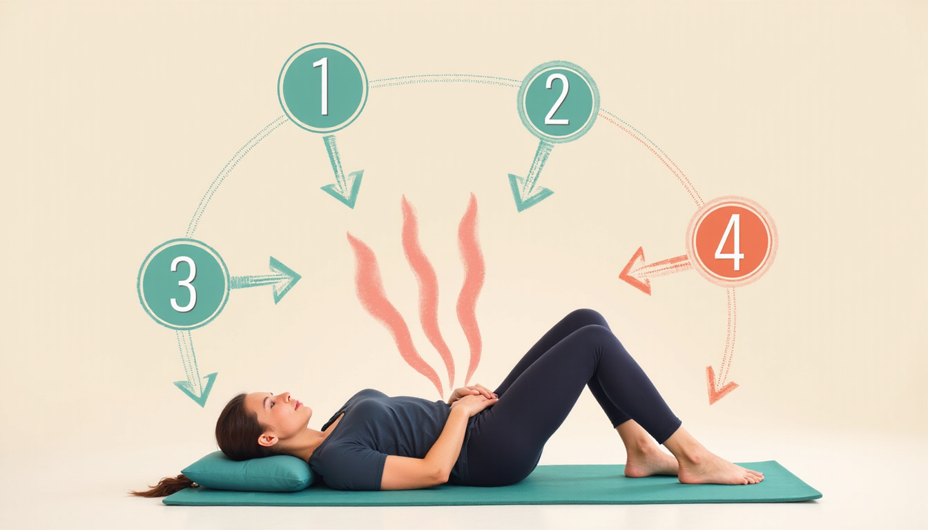 Calm professional woman demonstrating quick sciatic release sequence, arrows, step numbers, soothing colors