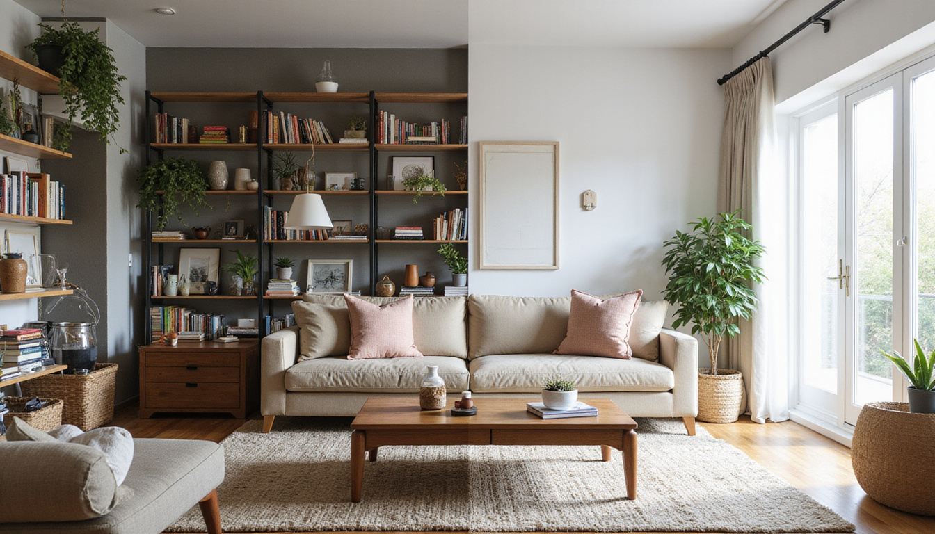 Before-and-after living room split image, cluttered chaos transforming into serene minimalist space overnight