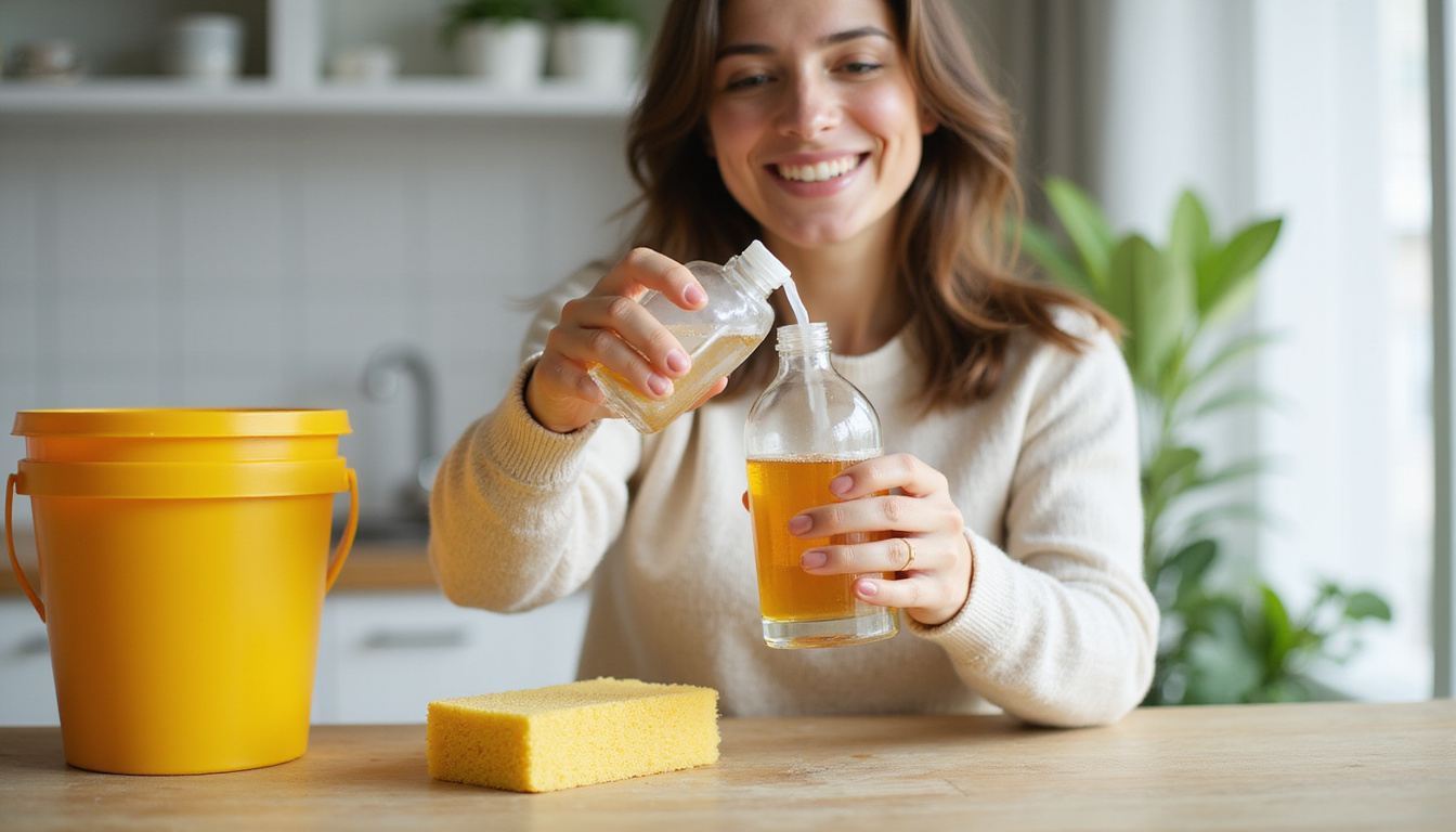  Smiling person pouring homemade cleaner into glass bottle, reusable sponge, compost bucket nearby