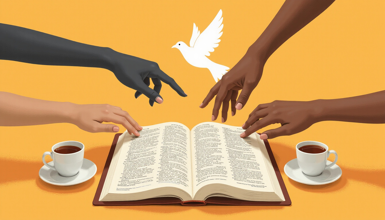 Hands of different skin tones joining over open scriptures, tea cups, dove silhouette overhead