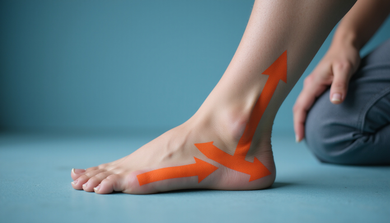  Close-up of foot and ankle executing dorsiflexion, arrows illustrating movement, coach observing, high-detail