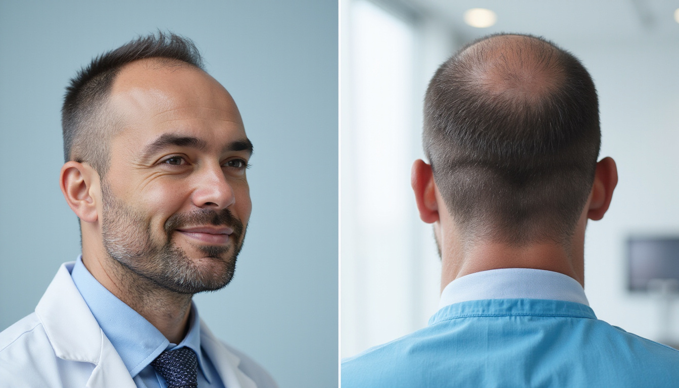  Before-and-after hair transplant comparison, density grid overlay, patient mirror reflection, realistic medical photography