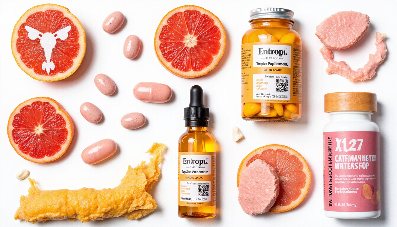  Collage: warning signs, estrogen molecule, vitamin supplements, topical treatments, hopeful recovery visual