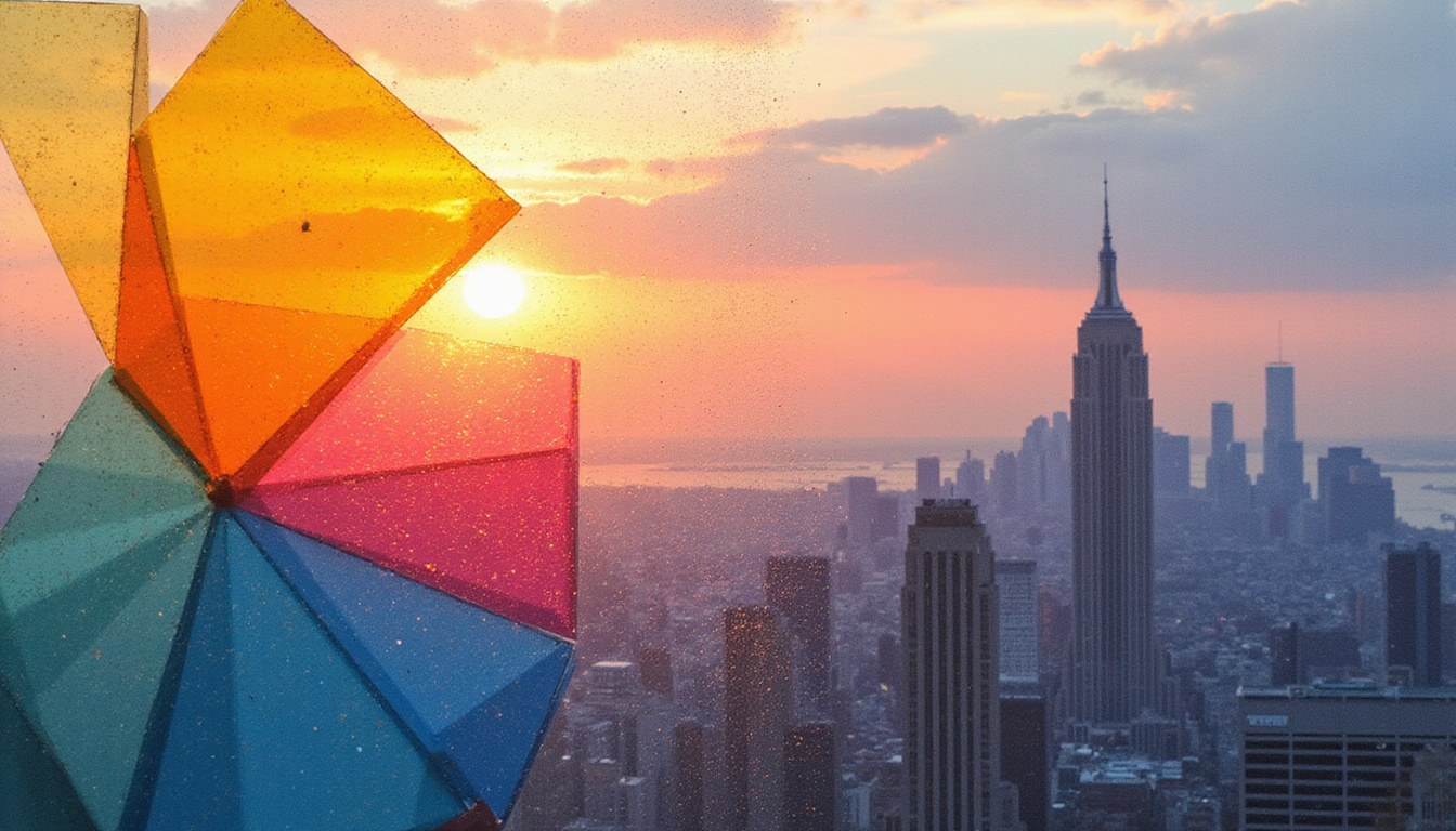  DIY geometric window cling collage, vibrant opaque shapes, city skyline silhouette, afternoon glow