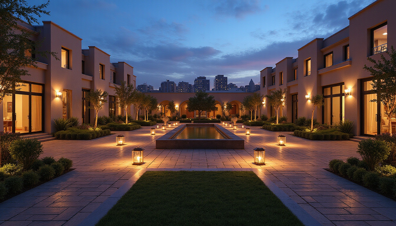 Evening exterior of stylish low-rise rental complex, warm lantern lights, landscaped courtyard, distant Cairo skyline