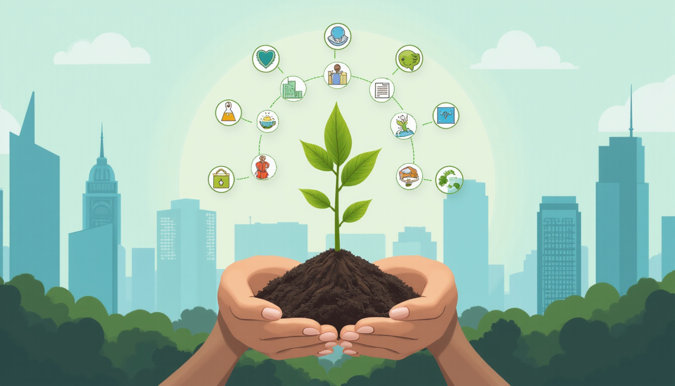 hands nurturing a branded sapling sprouting icons for loyalty, data, ethics, skyscraper skyline rising