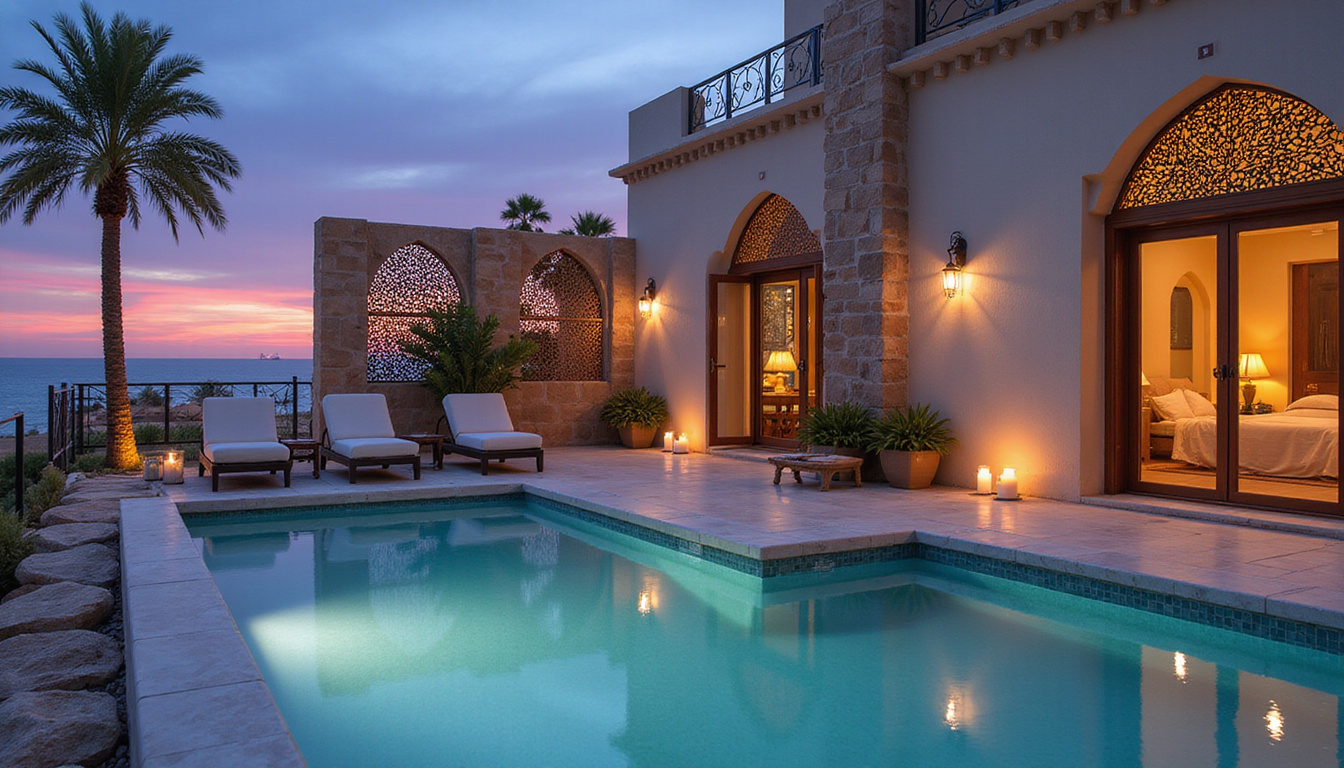  Private beachfront courtyard, marble terrace, sun loungers, Arab mashrabiya screens, candlelit pool reflection
