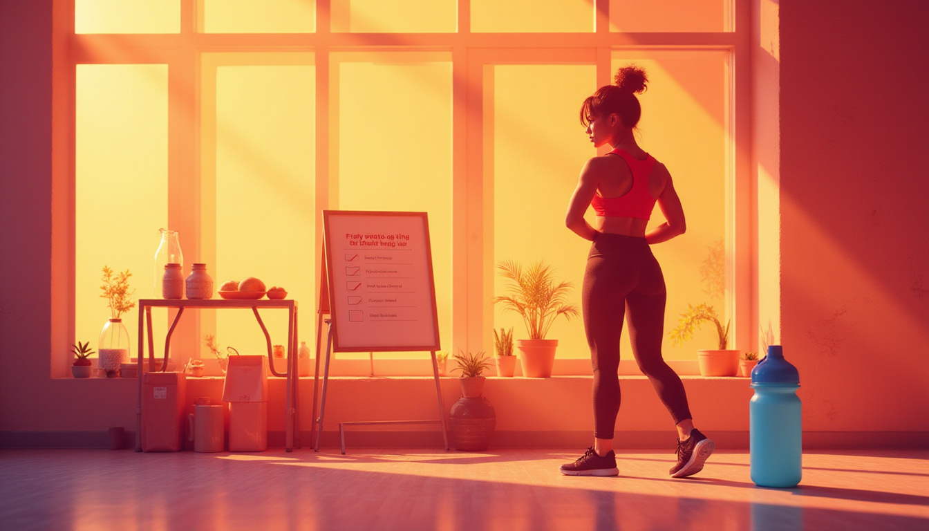  Minimalist gym scene: sculpted silhouette, balanced meals, water bottle, habit checklist glowing