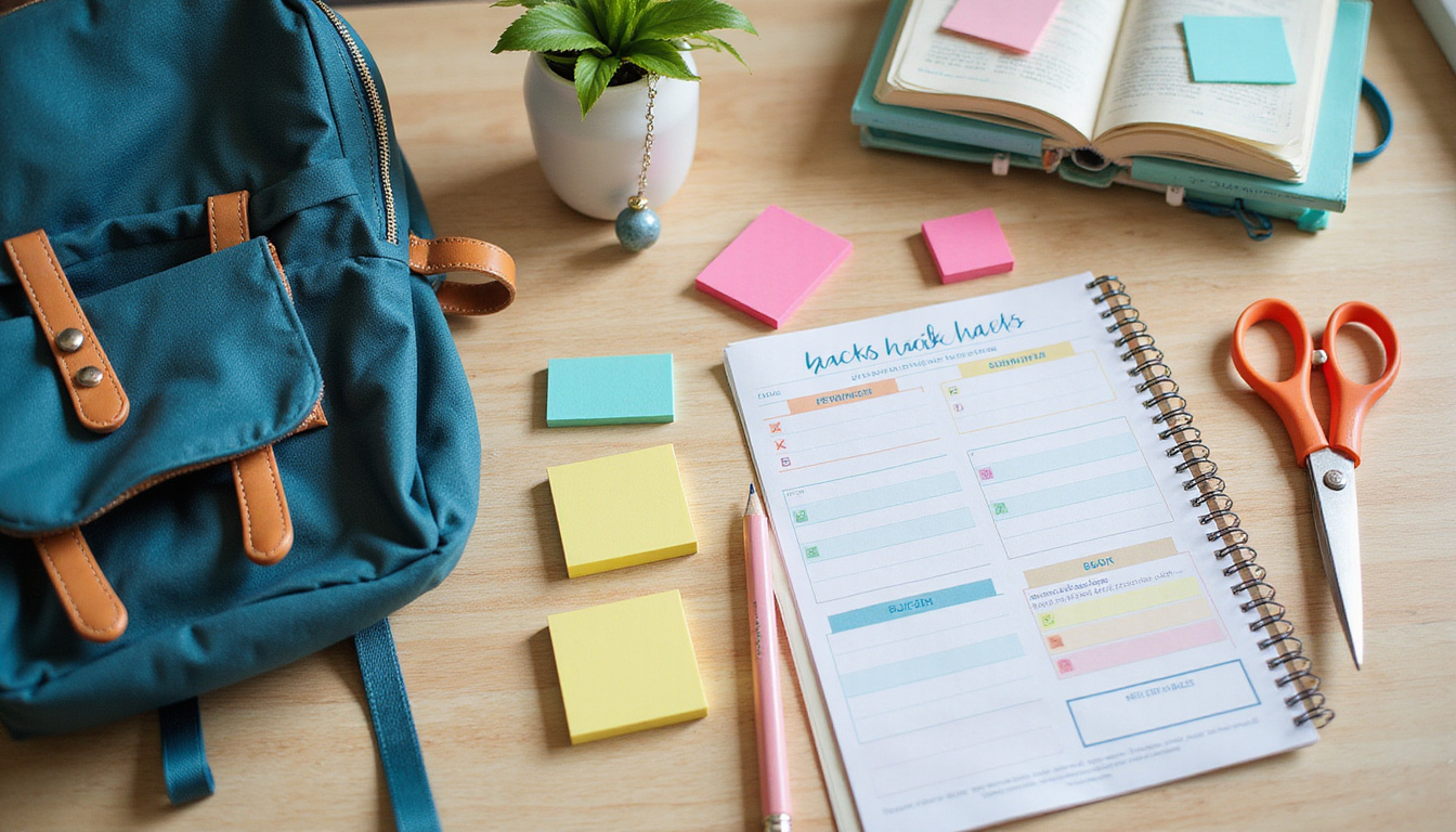  Top view organized backpack, sticky-note hacks, scissors, pencils, planner, checklist, cozy kitchen table