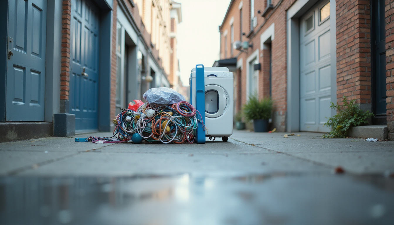  Streamlined appliance removal scene: dolly, cord organizer, donation pile, checklist clipboard, urban alleyway