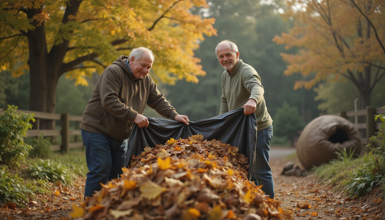  Smiling homeowner dragging tarp full of leaves to compost, morning dew, cinematic realism