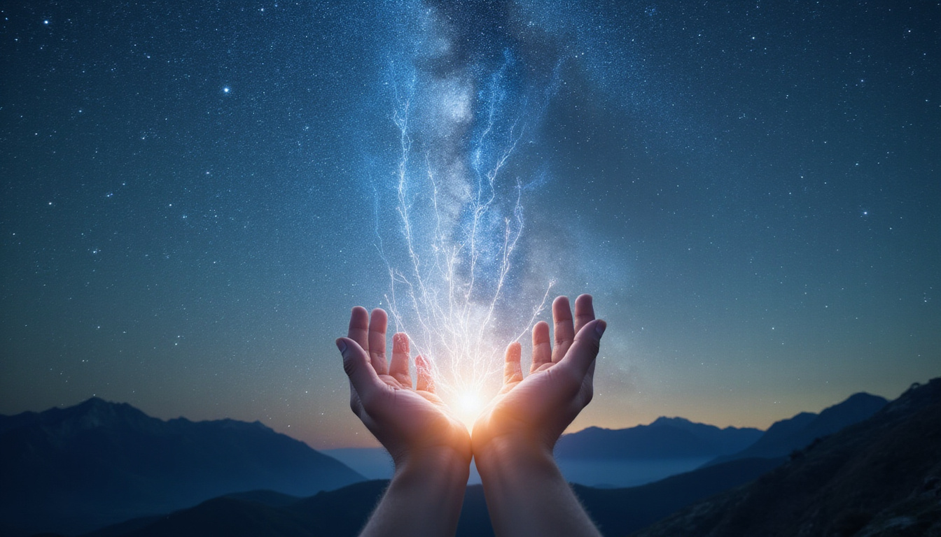 Open hands letting go of luminous threads into vast starry sky, mountain silhouette, peaceful transformation