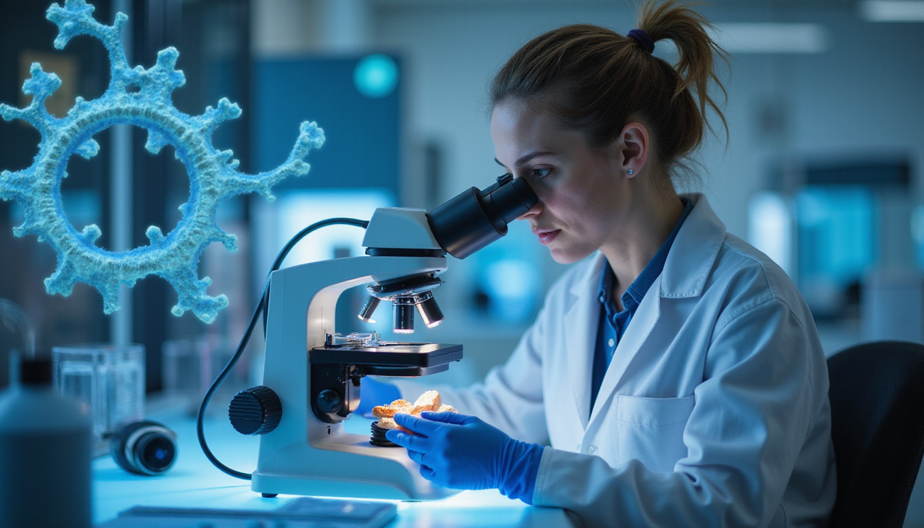  scientist in lab examining cartilage samples under microscope, molecular structure overlay, clinical research atmosphere