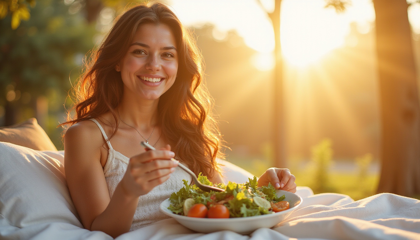  Sunlit lifestyle portrait: woman with healthy thick hair, eating salad, silk pillowcase, relaxed smile