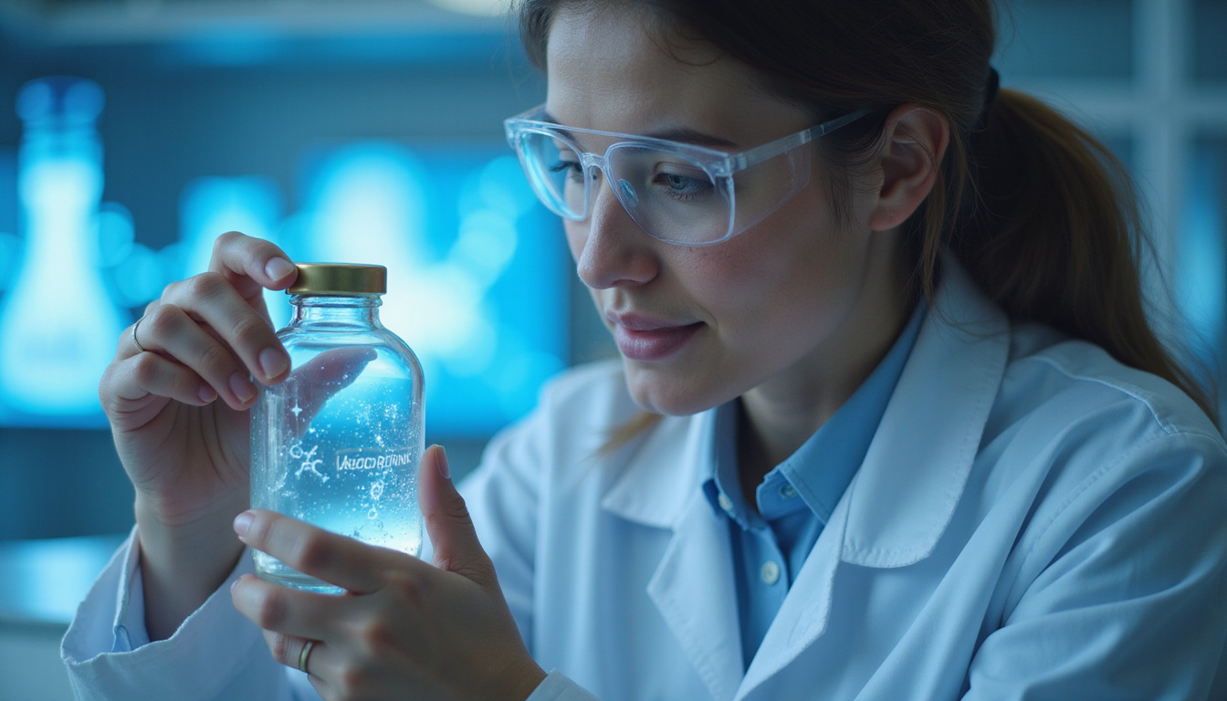  Scientist in modern lab holding translucent vial labeled clascoterone, glowing molecular diagram, gentle reassurance