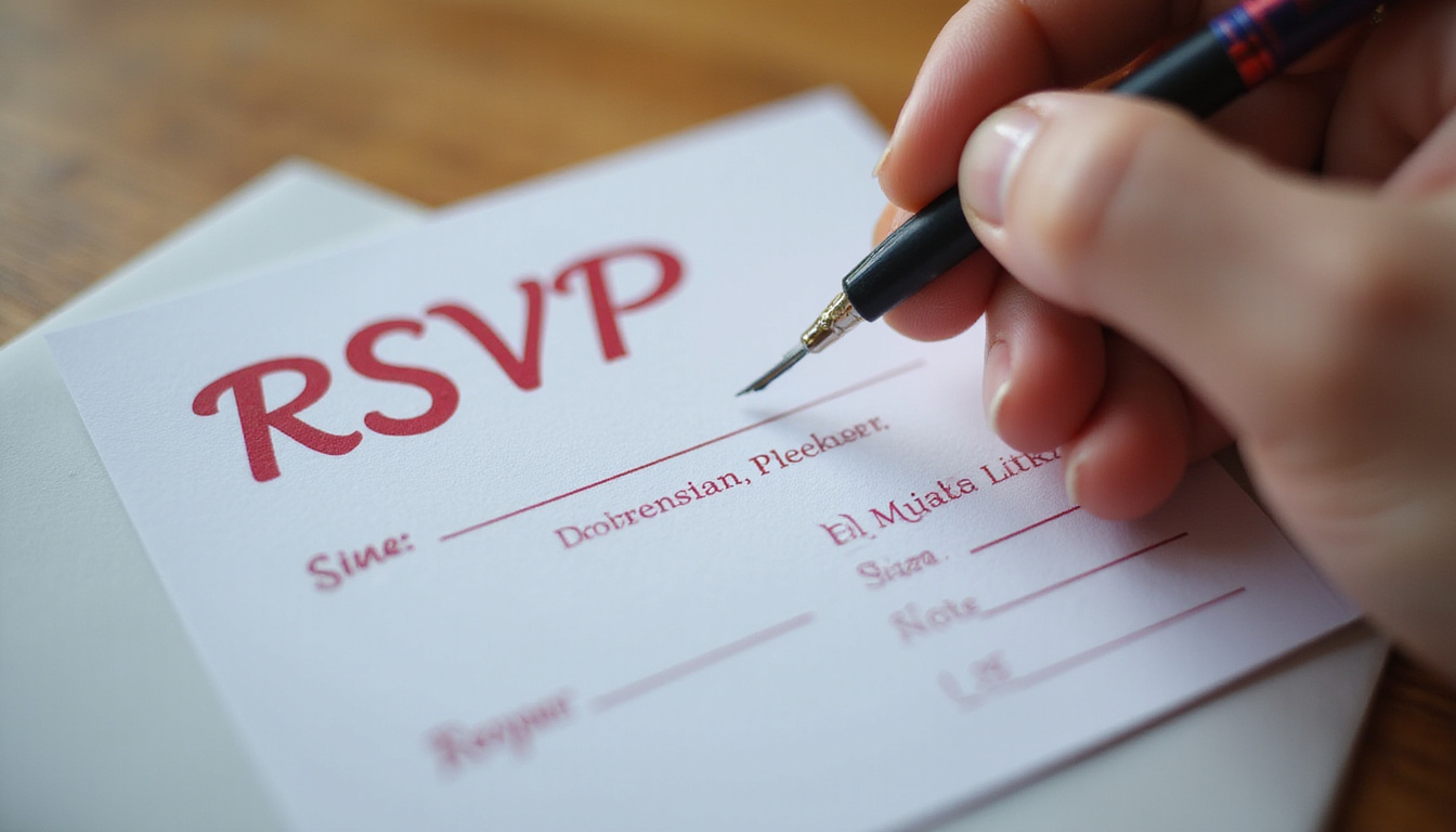  Close-up hand filling out RSVP card using contrasting color pen, envelope, textured paper, warm bokeh