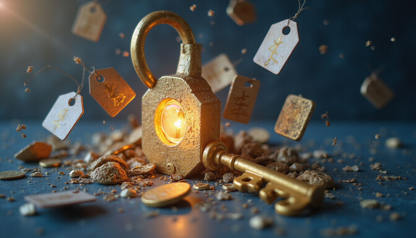  Ancient golden key unlocking digital storefront, floating tags, conversion charts, vibrant market energy